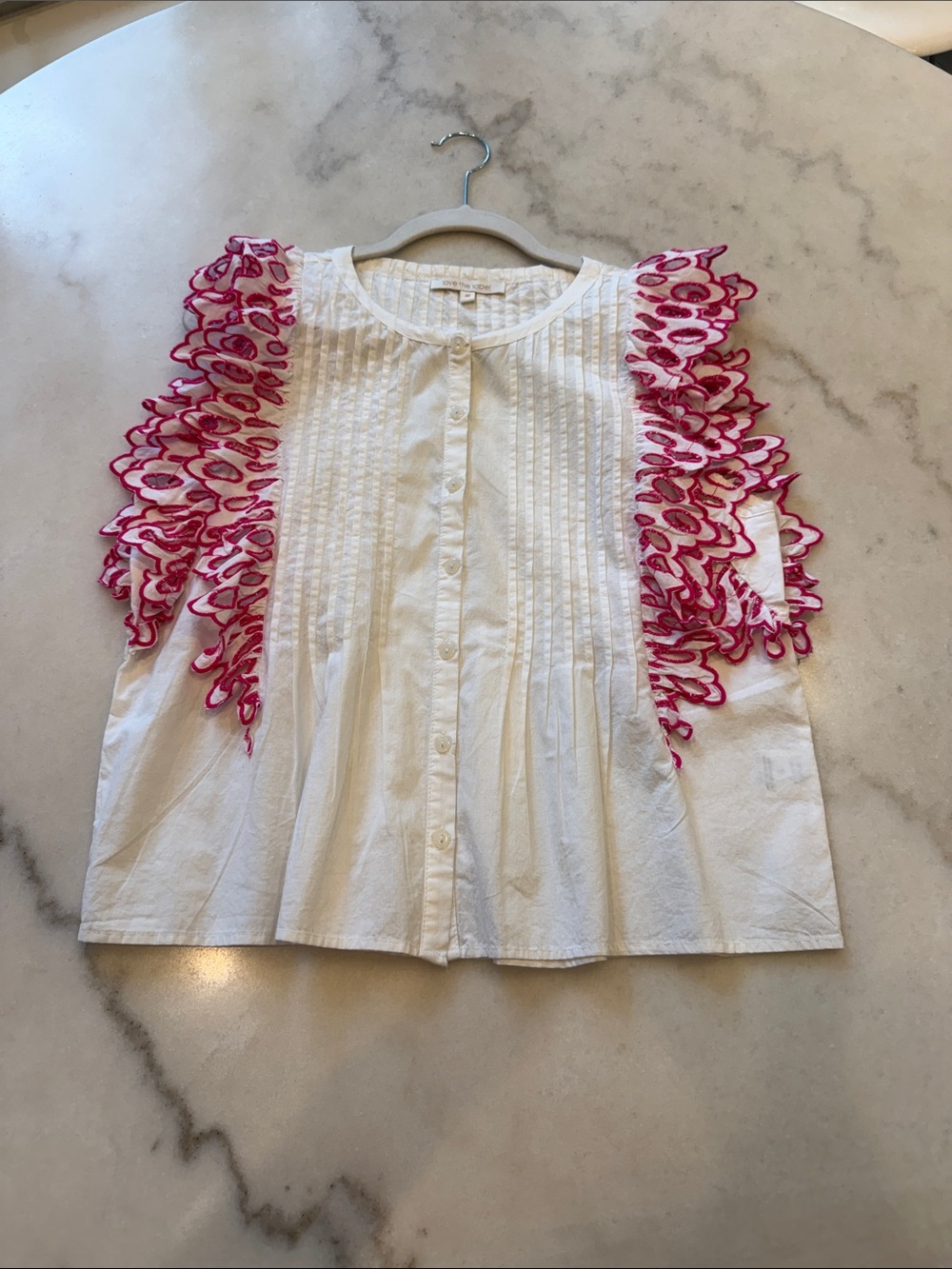 White Button-Front Blouse with Pink Lace Ruffle Shoulders